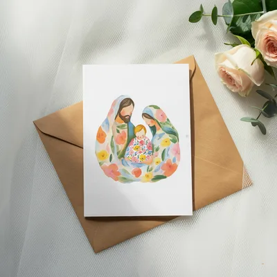 Floral Holy Family Art Digital Print, Watercolor Nativity Wall Art, Modern Christian Baby Shower Gift, Boho Jesus Mary Joseph Printable PNG