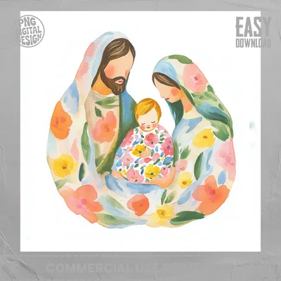 Floral Holy Family Art Digital Print, Watercolor Nativity Wall Art, Modern Christian Baby Shower Gift, Boho Jesus Mary Joseph Printable PNG