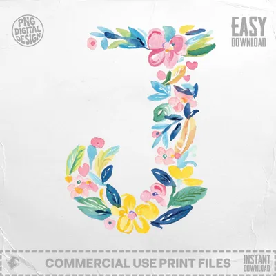 Floral J Watercolor Clipart, Vibrant Preppy Letter J PNG Digital Download, Hand Painted Boutique Graphic, Commercial Use, Instant Art