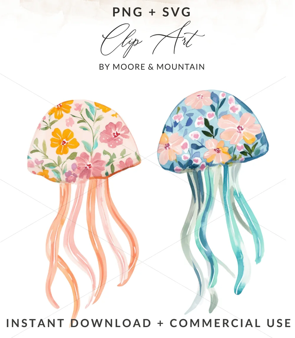 Floral Jellyfish PNG Digital Download, Watercolor Ocean Floral Clipart, Coastal Nursery Wall Art, Sea Animal Sublimation Design PNG