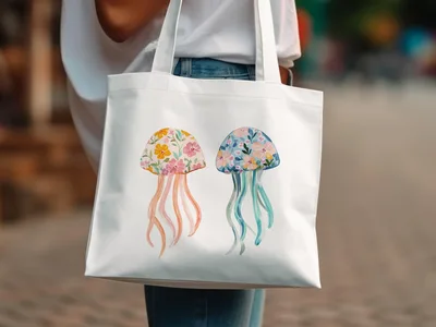 Floral Jellyfish PNG Digital Download, Watercolor Ocean Floral Clipart, Coastal Nursery Wall Art, Sea Animal Sublimation Design PNG