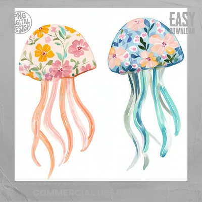 Floral Jellyfish PNG Digital Download, Watercolor Ocean Floral Clipart, Coastal Nursery Wall Art, Sea Animal Sublimation Design PNG