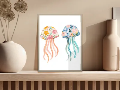 Floral Jellyfish PNG Digital Download, Watercolor Ocean Floral Clipart, Coastal Nursery Wall Art, Sea Animal Sublimation Design PNG