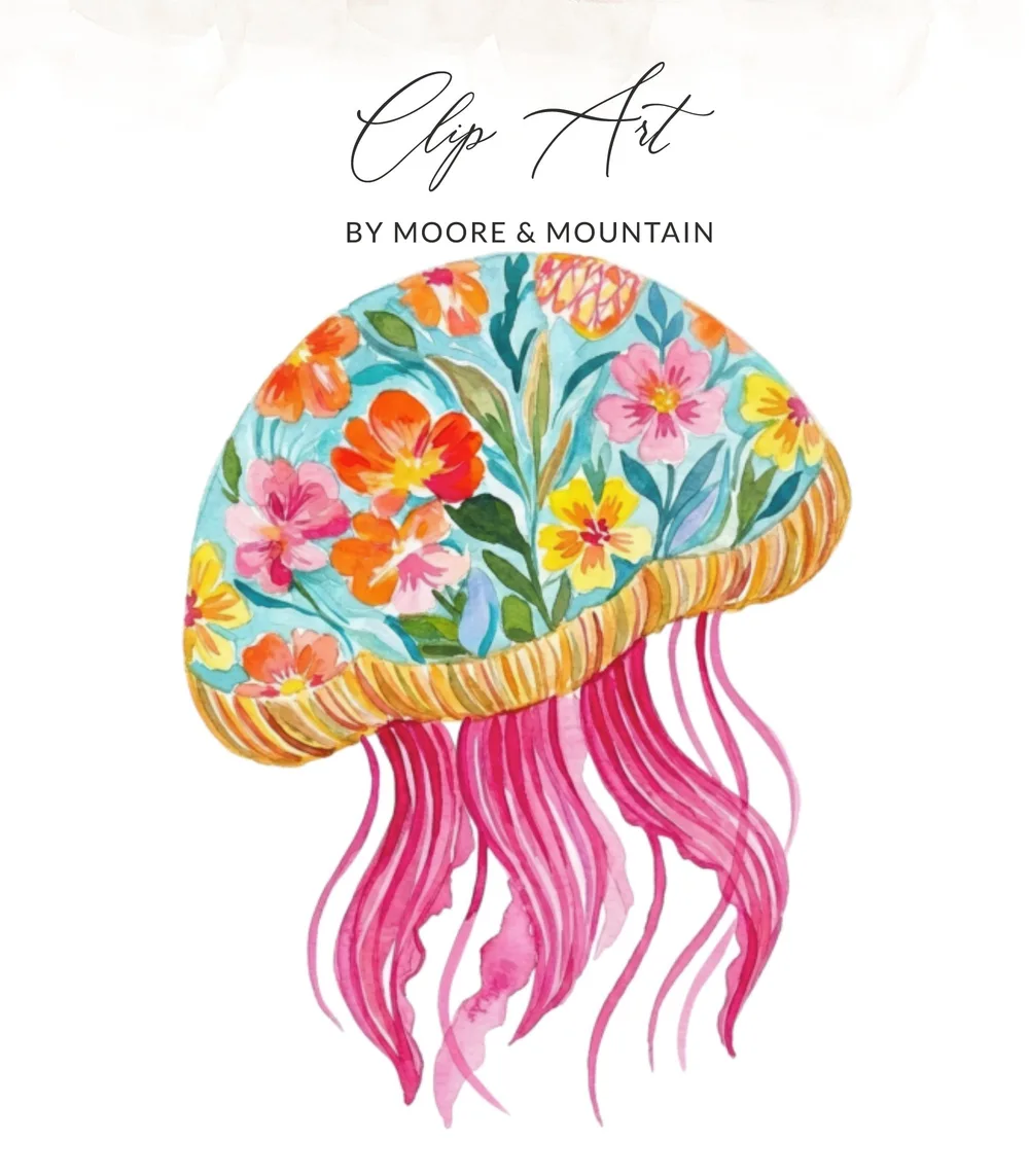 Watercolor jellyfish art with floral pattern and pink tentacles.