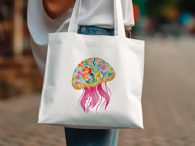 White tote bag with colorful floral jellyfish illustration.