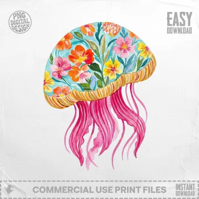 Watercolor jellyfish with floral cap and pink tentacles.