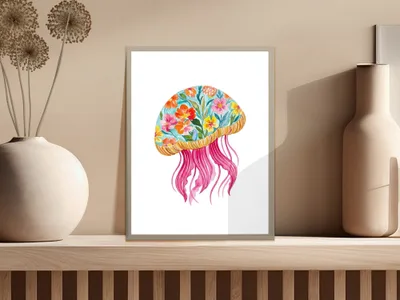Colorful jellyfish illustration with pink tentacles on a light background.