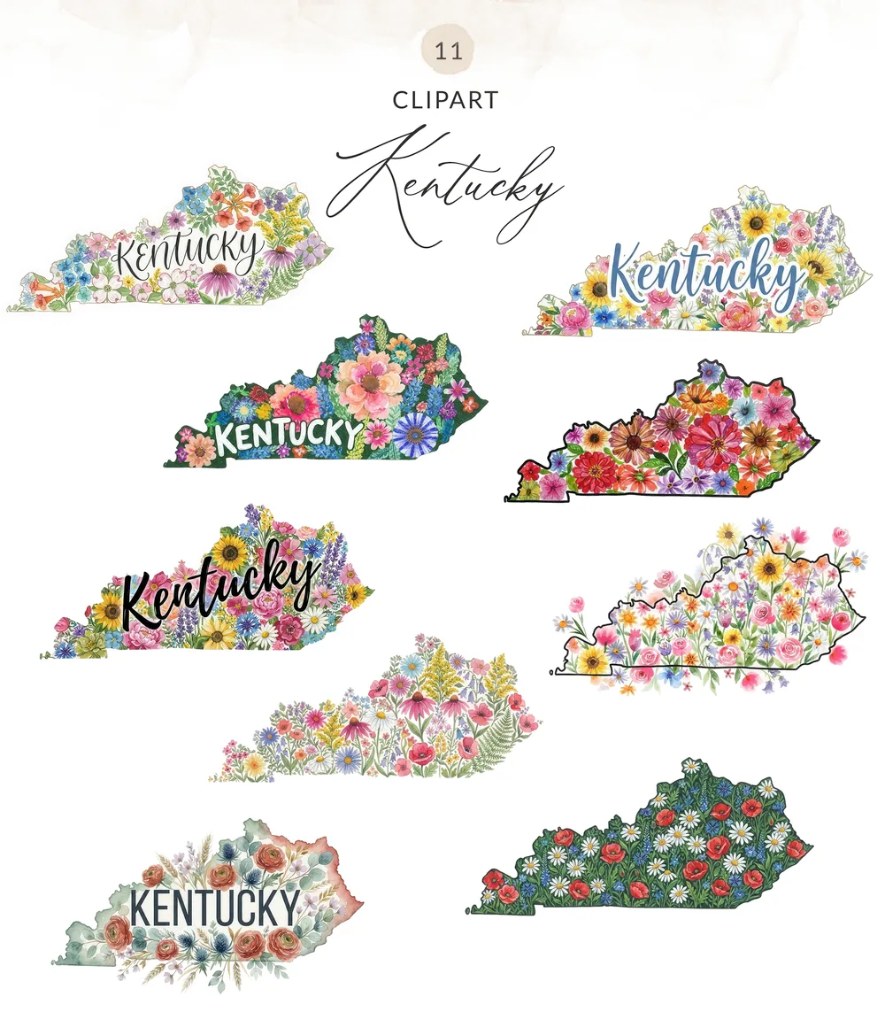Floral Kentucky State PNG Clipart Bundle, Watercolor Wildflower Map Sublimation Design, Southern State Pride Digital Download Graphics