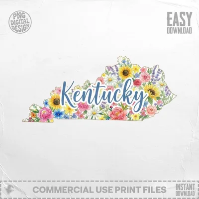 Floral Kentucky State PNG Clipart Bundle, Watercolor Wildflower Map Sublimation Design, Southern State Pride Digital Download Graphics