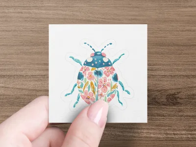 Ladybug sticker with floral pattern held by a hand.
