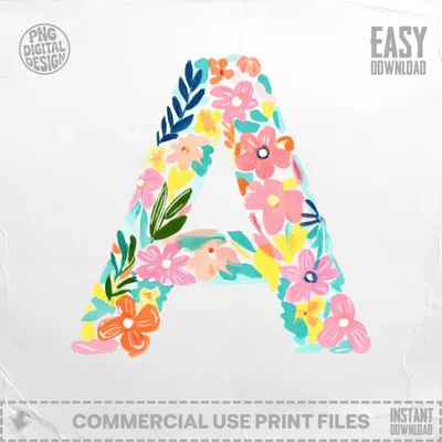 Floral letter A with "Easy Download" and "Commercial Use Print Files" text.