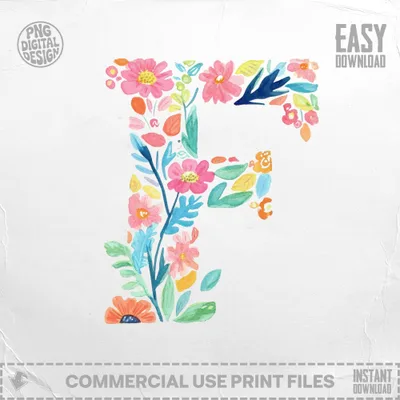 Watercolor letter F decorated with colorful flowers and leaves.