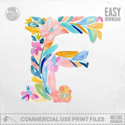 Watercolor letter F with floral and leaf embellishments.