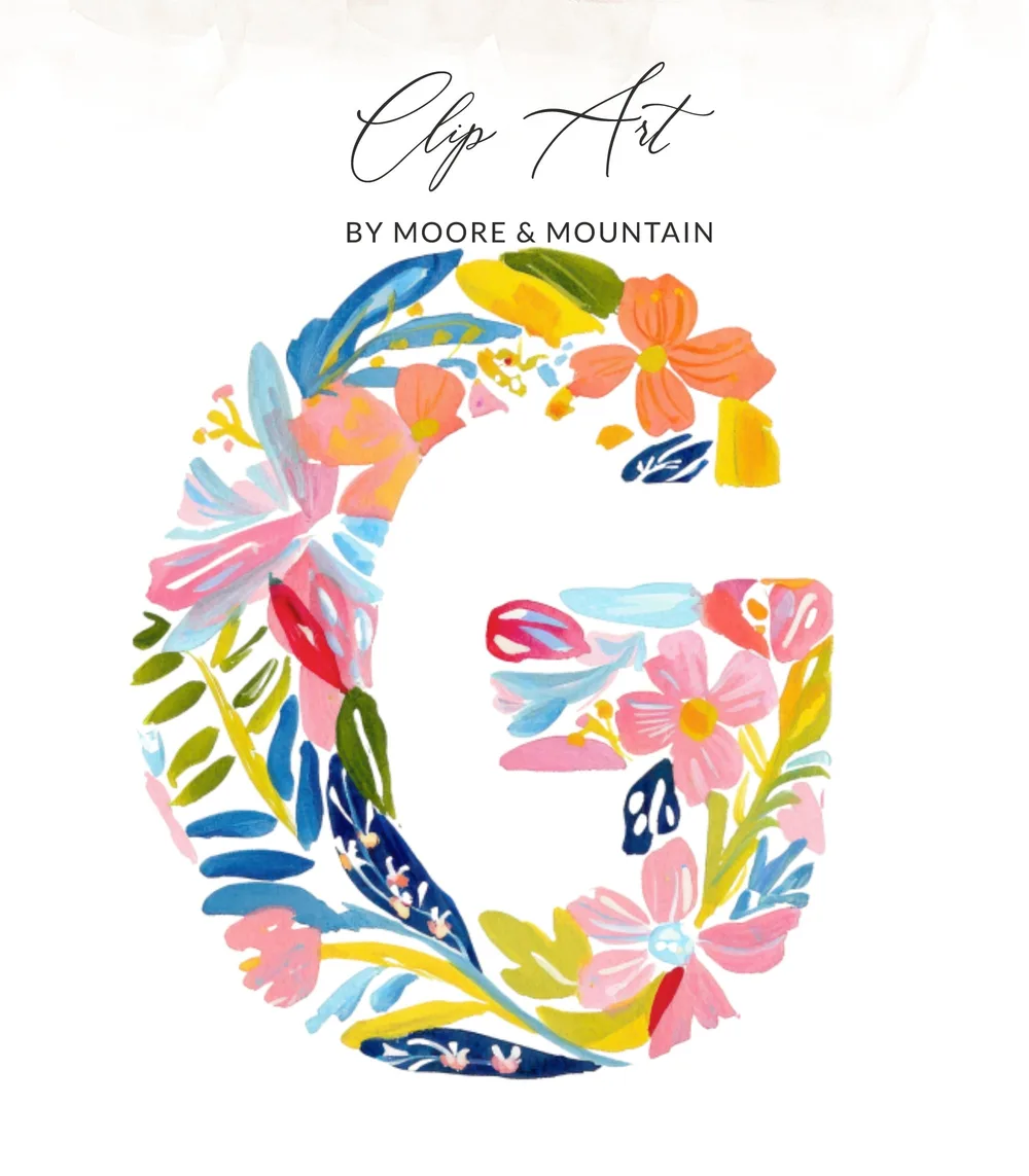 Floral letter G with "Clip Art" and "BY MOORE & MOUNTAIN" text.