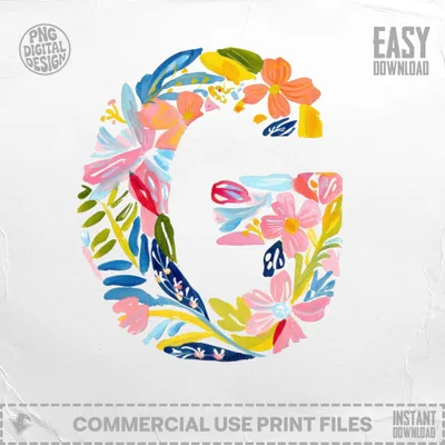 Floral letter G with "Easy Download" and "Commercial Use Print Files".