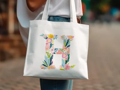 White tote bag with a watercolor floral letter H design.