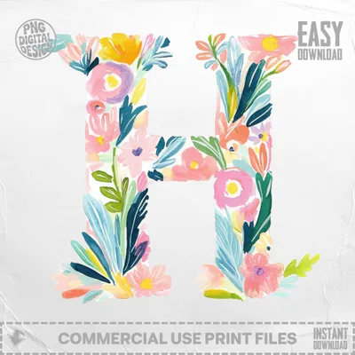 Watercolor floral letter H with "PNG DIGITAL DESIGN" and "EASY DOWNLOAD".