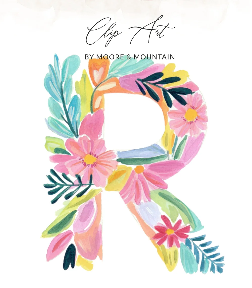 Floral letter R design with "Clip Art BY MOORE & MOUNTAIN" text.