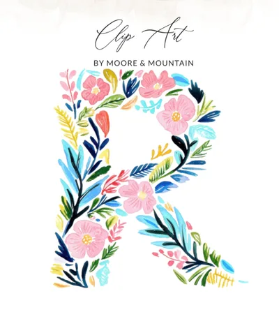 Floral Letter R SVG PNG, Botanical Monogram Initial, Watercolor Alphabet Art, Nursery Decor Digital Download, Printable Wall Art