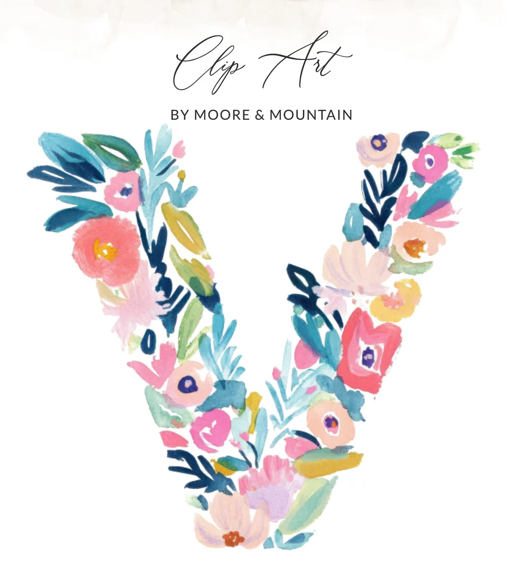 Floral letter V with text "Clip Art by Moore & Mountain" above.