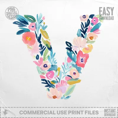 Floral letter V in watercolor with "EASY DOWNLOAD" and "COMMERCIAL USE PRINT FILES" text.