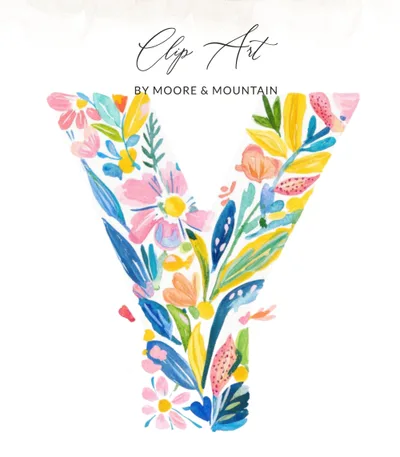 Floral Letter Y Clipart, Watercolor Alphabet Y PNG, Botanical Initial Digital Download, Preppy Monogram Art, Commercial Use, Vibrant Colors