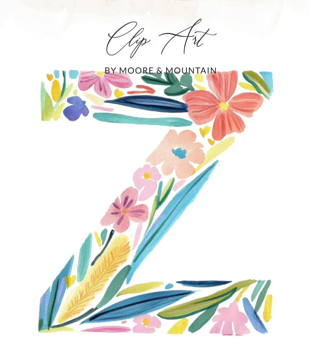 Watercolor floral letter Z by Moore & Mountain with "Clip Art" text.