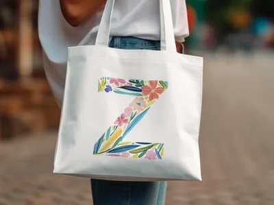 White canvas tote bag with a large letter Z made of colorful floral and leaf patterns.