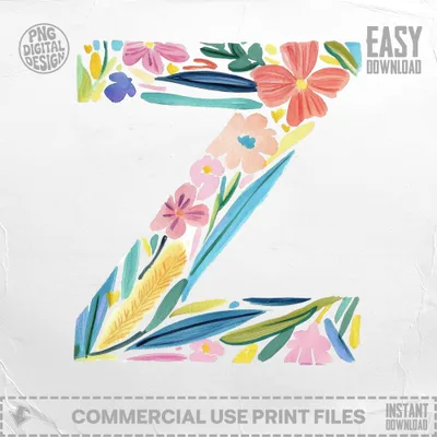 Floral letter Z with "Easy Download" and "Commercial Use Print Files" text.
