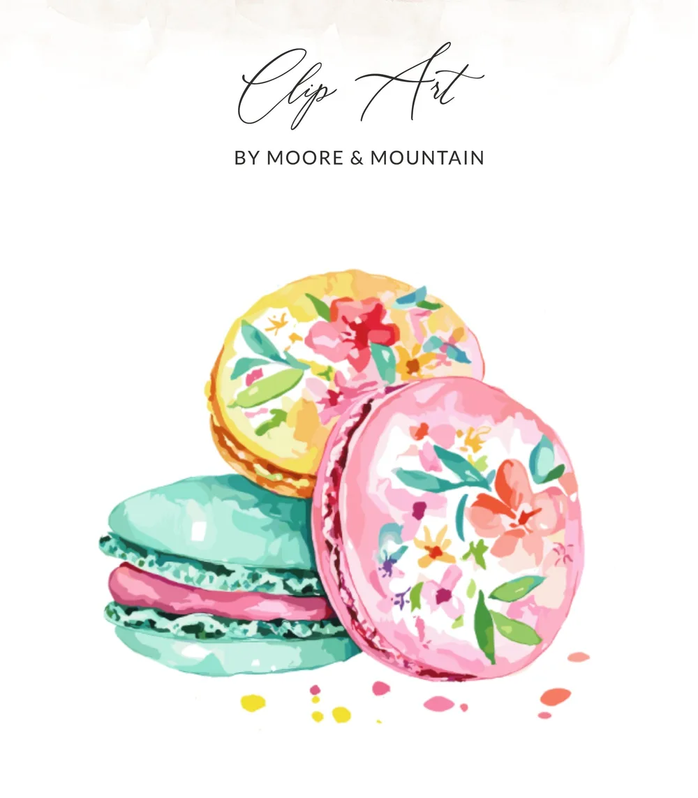 Watercolor macarons with floral designs in yellow, pink, and mint green.