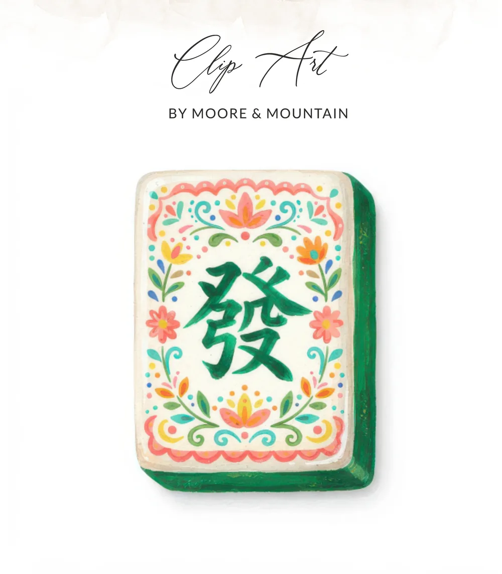 Floral Mahjong Tile PNG Digital Download, Chinoiserie Green Dragon Fa Tile Clipart, Colorful Game Night Art, Preppy Grandmillennial Print