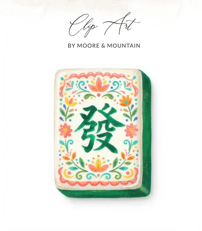 Floral Mahjong Tile PNG Digital Download, Chinoiserie Green Dragon Fa Tile Clipart, Colorful Game Night Art, Preppy Grandmillennial Print