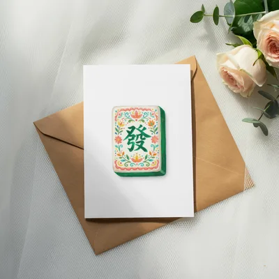 Floral Mahjong Tile PNG Digital Download, Chinoiserie Green Dragon Fa Tile Clipart, Colorful Game Night Art, Preppy Grandmillennial Print