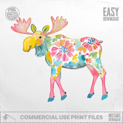 Moose with floral watercolor pattern and pink antlers and legs.