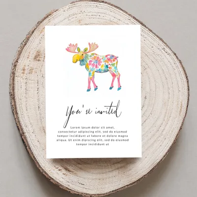 Illustrated floral moose on "You're invited" card with placeholder text.