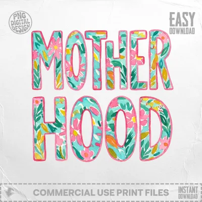 Motherhood text with floral watercolor design on a light background.