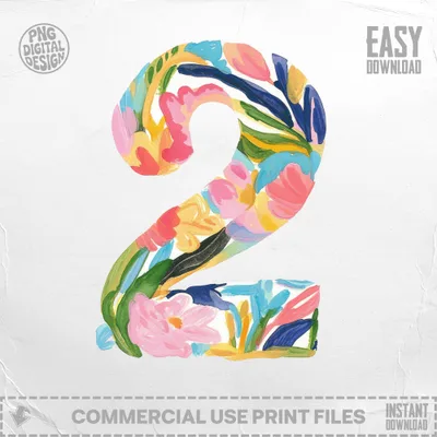 Number 2 decorated with a colorful floral watercolor pattern.