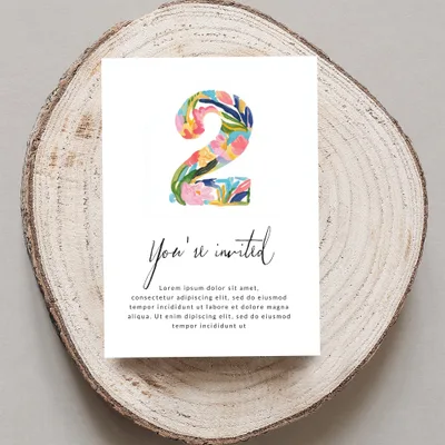Floral number 2 invitation with "You're invited" text and placeholder copy.
