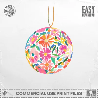 Watercolor floral bauble ornament with colorful abstract flower painting.