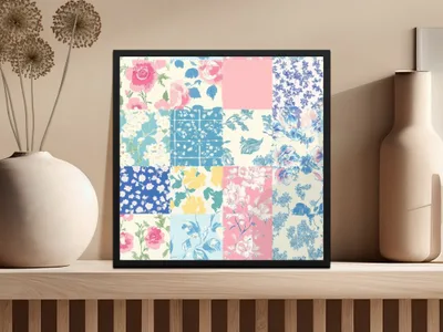 Floral Print Patchwork Wall Art in Frame Decor