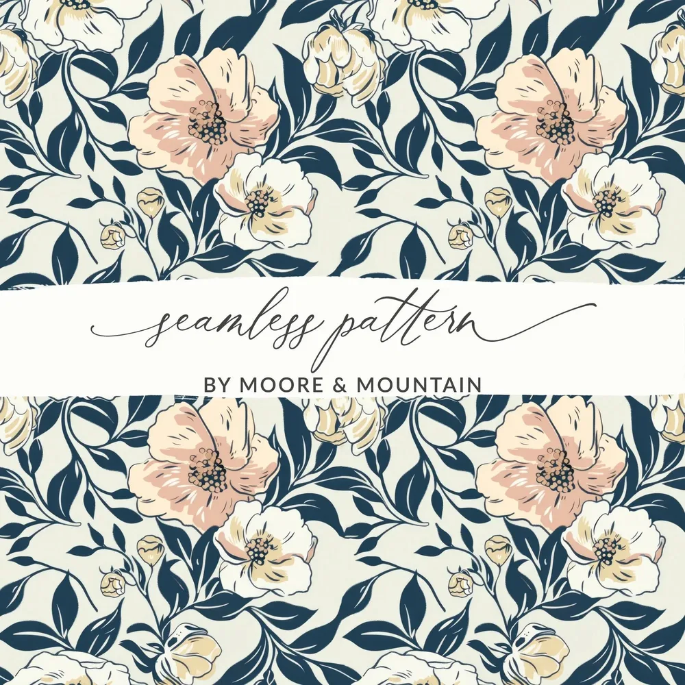 Floral Pattern Digital Paper, Beige and Navy Seamless Design, Flower Digital Background, Botanical JPEG File, Scrapbook Paper - Moore and Mountain