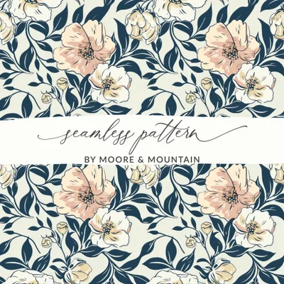 Floral Pattern Digital Paper, Beige and Navy Seamless Design, Flower Digital Background, Botanical JPEG File, Scrapbook Paper
