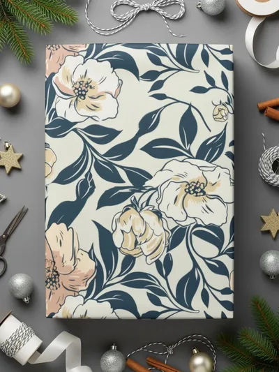 Floral Pattern Digital Paper, Beige and Navy Seamless Design, Flower Digital Background, Botanical JPEG File, Scrapbook Paper - Moore and Mountain