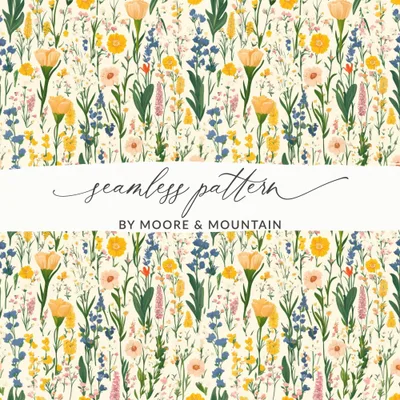 Floral Pattern Digital Paper, Flower Seamless Design, Springtime Scrapbook Paper, Printable Fabric Pattern, Yellow, Blue, Pink Flowers