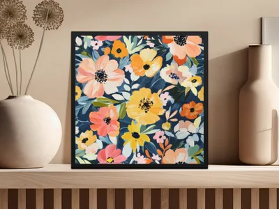 Colorful Floral Wall Art Print with Black Frame