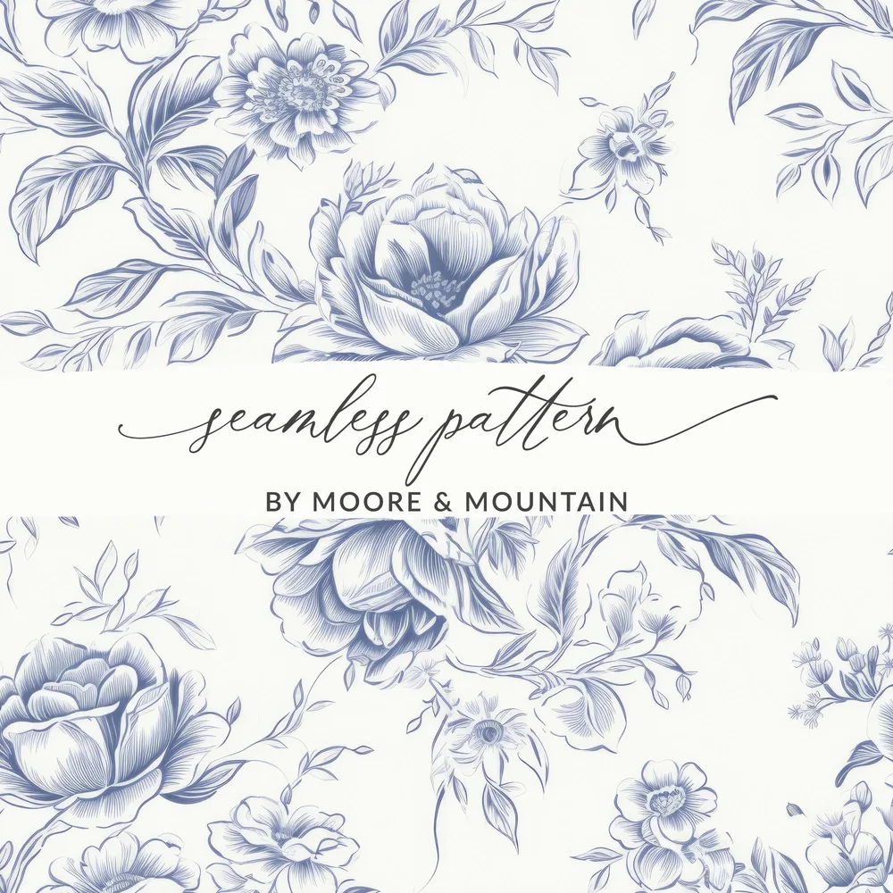 Floral Pattern Digital Paper, Seamless Flower Repeat, Elegant Indigo Botanical Design, Commercial Use Print, 2 JPEG Scales, Download - Moore and Mountain