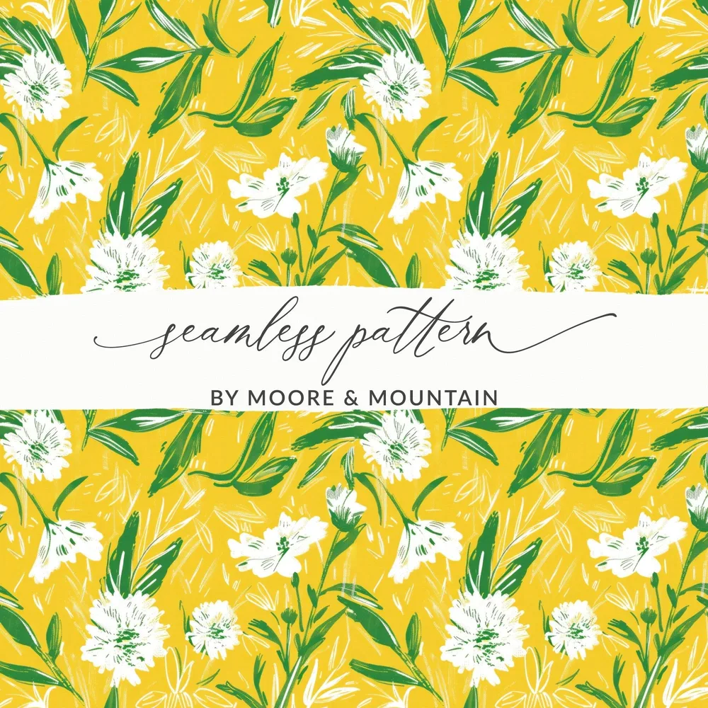 Floral Pattern Digital Paper, Yellow Background, Botanical Print, White Flower Seamless Pattern, Commercial Use Digital Paper - Moore and Mountain
