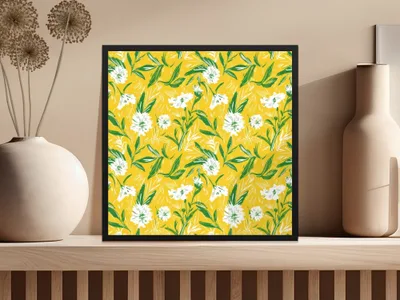 Floral Pattern Digital Paper, Yellow Background, Botanical Print, White Flower Seamless Pattern, Commercial Use Digital Paper - Moore and Mountain