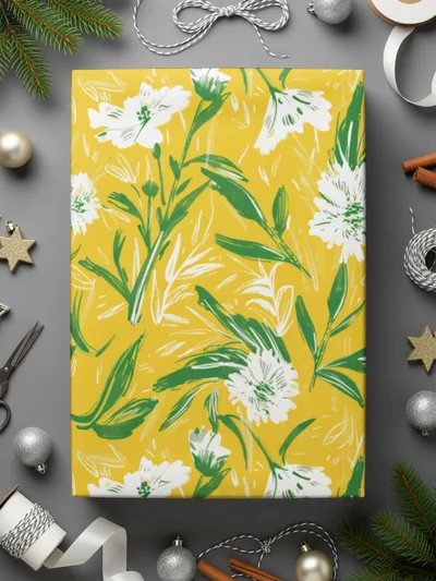 Floral Pattern Digital Paper, Yellow Background, Botanical Print, White Flower Seamless Pattern, Commercial Use Digital Paper - Moore and Mountain