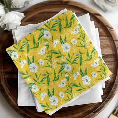 Floral Pattern Digital Paper, Yellow Background, Botanical Print, White Flower Seamless Pattern, Commercial Use Digital Paper - Moore and Mountain